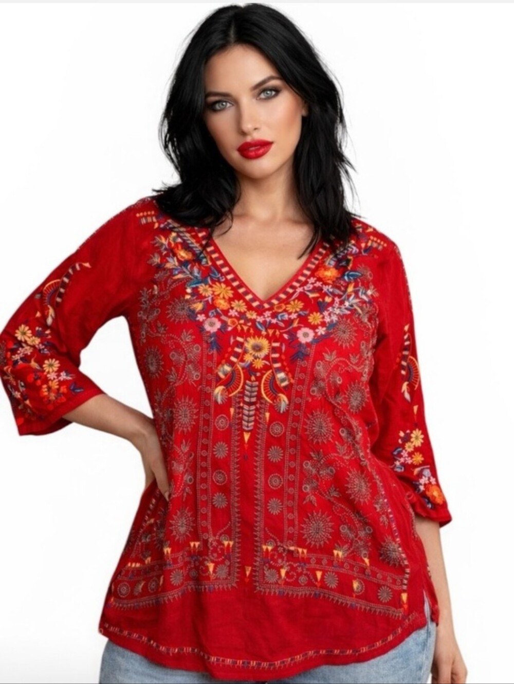 Johnny Was Zillia Fiery Red Embroidered Floral Tunic Top NWT Womens Size XL